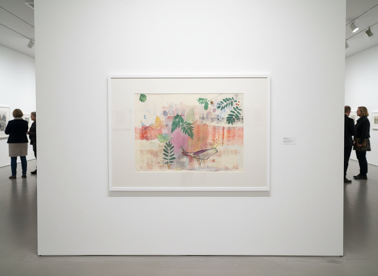 Inramad komposition på papper med gröna kvistar och en fågel, på en gallerivägg.